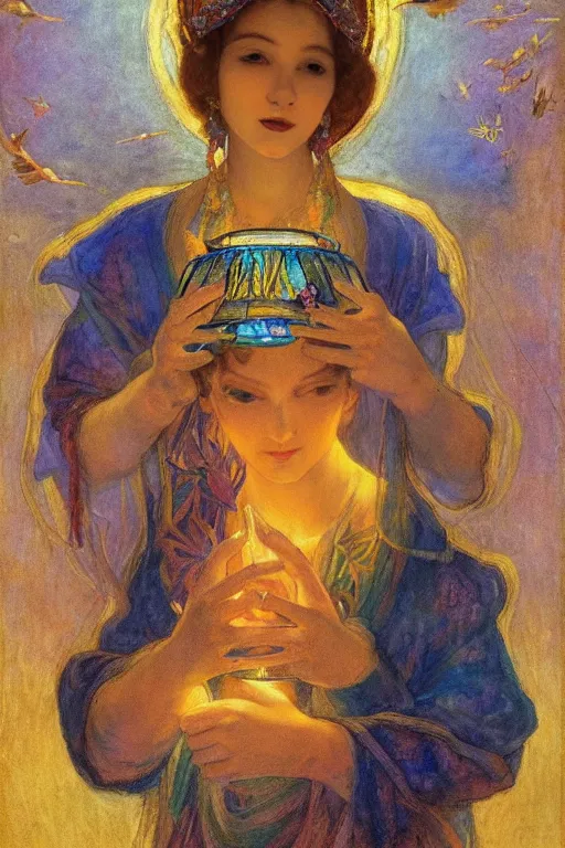 Image similar to queen of the dawn with her lantern and birds, by Annie Swynnerton and Nicholas Roerich, elaborate headdress and iridescent beetles, rich color, dramatic cinematic lighting, extremely detailed