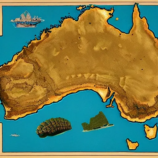 Image similar to recently rediscovered map of ancient Australia, 8k scan, colorized