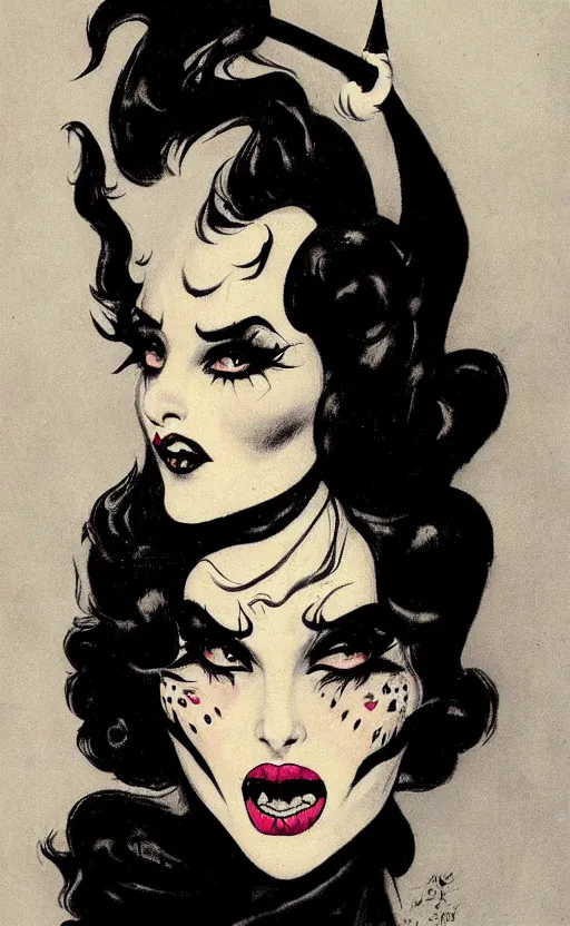 Image similar to of a witch girl burlesque psychobilly, rockabilly, punk, black hair, detailed face, white background, drawing, illustration by frank frazetta