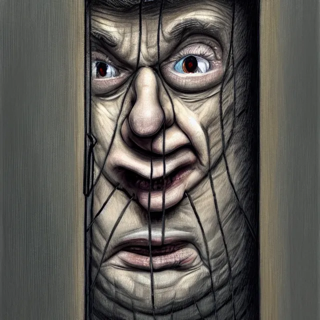 Prompt: prison cell behind bars of jail gediminas pranckevicius | close up portrait of a the trump behind jail bars in the sinister valley of despair, one mouth, one nose, two eyes, oil painting by tomasz jedruszek, cinematic lighting, pen and ink, intricate line, hd, 4 k, million of likes, trending on artstation