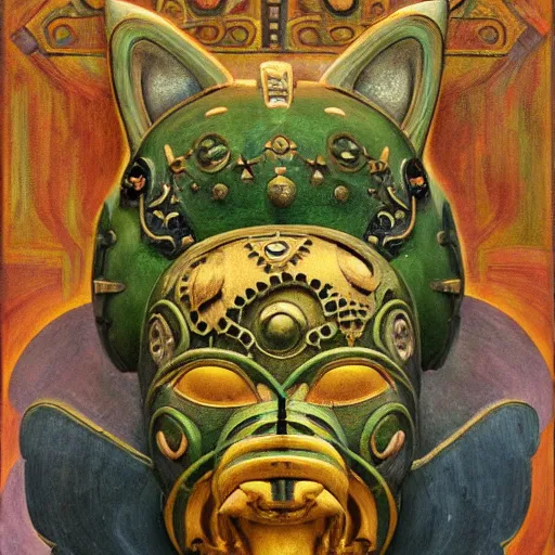 Image similar to beautiful ornate mechanical robot cat head mask, by annie swynnerton and diego rivera and nicholas roerich and jean delville, symbolist, dramatic lighting, god rays, elaborate geometric ornament, art brut, colors are soft greens and blues and purple, smooth, sharp focus, extremely detailed, adolf wolfli and ( donato giancola )
