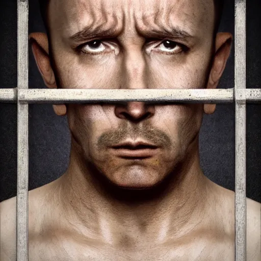 Image similar to sad prisoner holding ipad, prison cell, photorealistic, frustrated expression, dark mood, hopelessness, gloomy