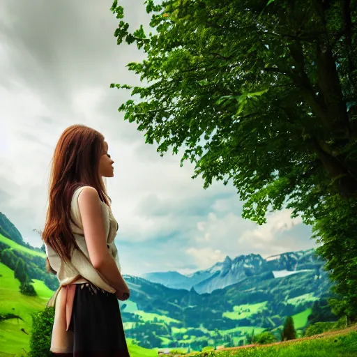 Image similar to a beautiful photograph of a girl with switzerland landscape in the background with trees, hdr, 8 k, high quality, sharp focus, artstation, highly detailed, award - winning, dramatic lighting, beautiful clouds, and nature