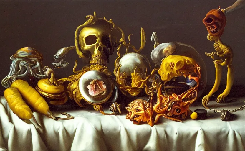 Prompt: disturbing colorful oil painting dutch golden age vanitas still life with bizarre objects strange gooey surfaces shiny metal bizarre insects rubber silk rachel ruysch dali todd schorr very detailed perfect composition rule of thirds masterpiece chiaroscuro canon 5 0 mm, cinematic lighting, photography, retro, film, kodachrome