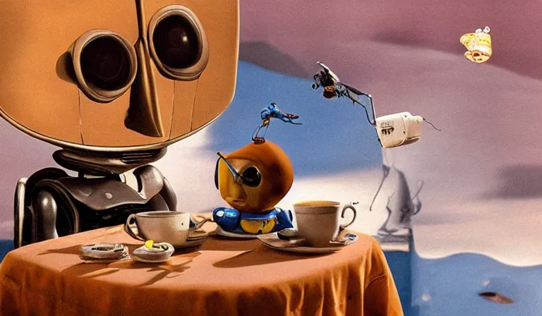 Prompt: salvador dali sitting by wall-e having tea