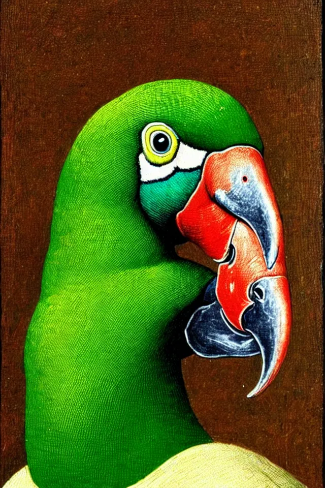 Image similar to a renaissance close up portrait of a green duck parrot as a ninja turtle, centered, triumphant, beautiful intricate painting