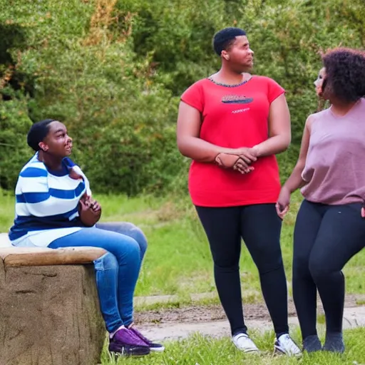 Prompt: a realistic photo of three teenagers talking. one is a large stocky white boy with thick long brown hair and glasses. one is a lanky black girl with a purple undercut. one is a short chubby white girl with red hair in a ponytail