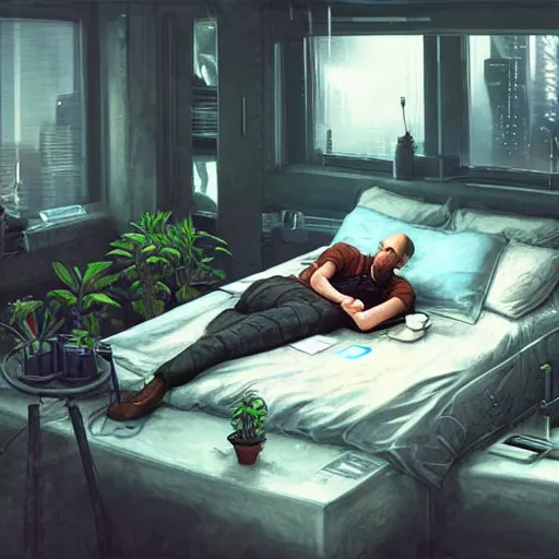 Prompt: a man lying on his bed wearing a jacket with a computer and coffee on the table on a cold rainy day, room full of plants, gloomy weather, cyberpunk, scifi, concept art, highly detailed, artstation, concept art, smooth.sharp focus, digital art, art by jon foster and yuumei