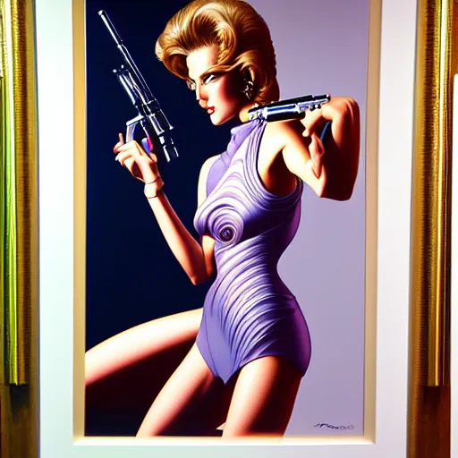 Image similar to mal watson chic lady holding a gun, 1 9 8 0's art, airbrush style, art by hajime sorayama,, intricate, elegant, sharp focus, illustration, highly detailed, h 6 4 0