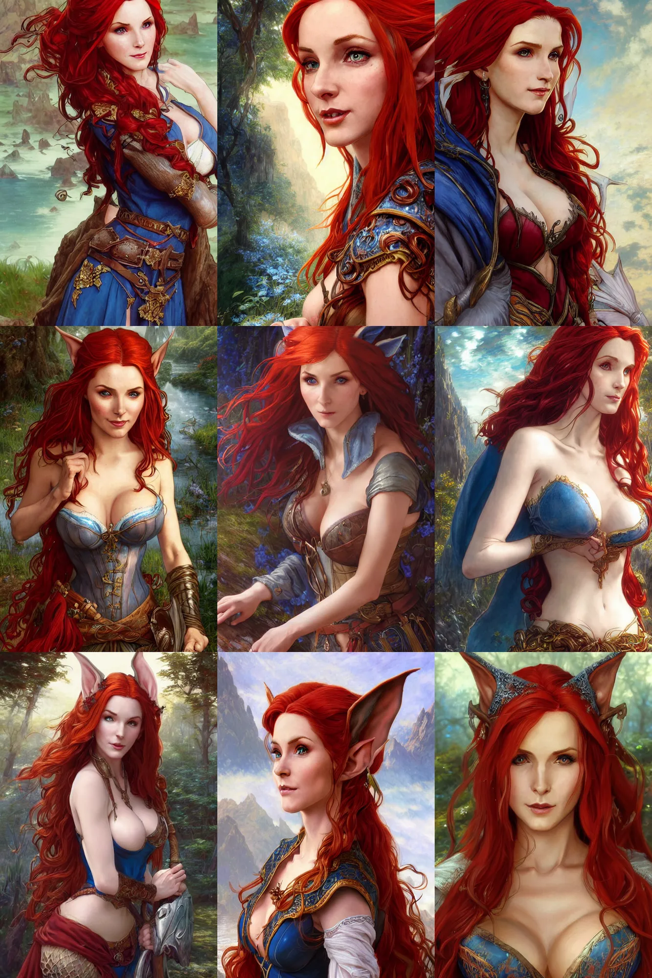 Prompt: alluring highly detailed closeup matte painting portrait of beautiful elf ( triss from witcher 3 ) with long ears flowing red hair wearing chesty fantasy outfit and a blue cloak, very detailed, realistic, manga, by stanley artgerm lau, greg rutkowski, thomas kindkade, alphonse mucha, loish, norman rockwell j.