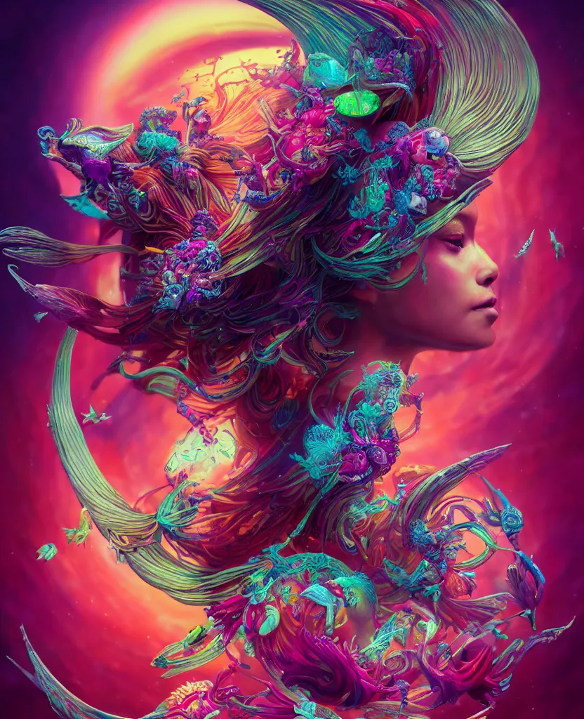 Image similar to goddess full color painted acryllic sculpture close-up portrait. orchid bird phoenix head, nautilus, skull, betta fish, bioluminiscent creatures, intricate artwork by Tooth Wu and wlop and beeple. octane render, trending on artstation, greg rutkowski very coherent symmetrical artwork. cinematic, hyper realism, high detail, octane render, 8k