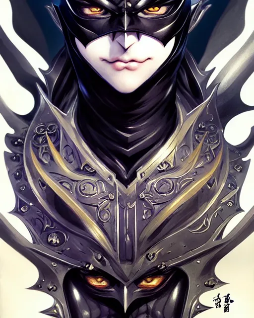 Image similar to anime portrait of batman, intricate ornate details, fantasy, elegant, highly detailed, digital painting, artstation, concept art, smooth, sharp focus, illustration, artbook, splash art, promo art, soul calibur, league of legends, art by artgerm and greg rutkowski and bo chen and jin xiaodi