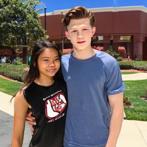 Image similar to Tom Holland with his arm around a beautiful Filipina college girl at Chapman University