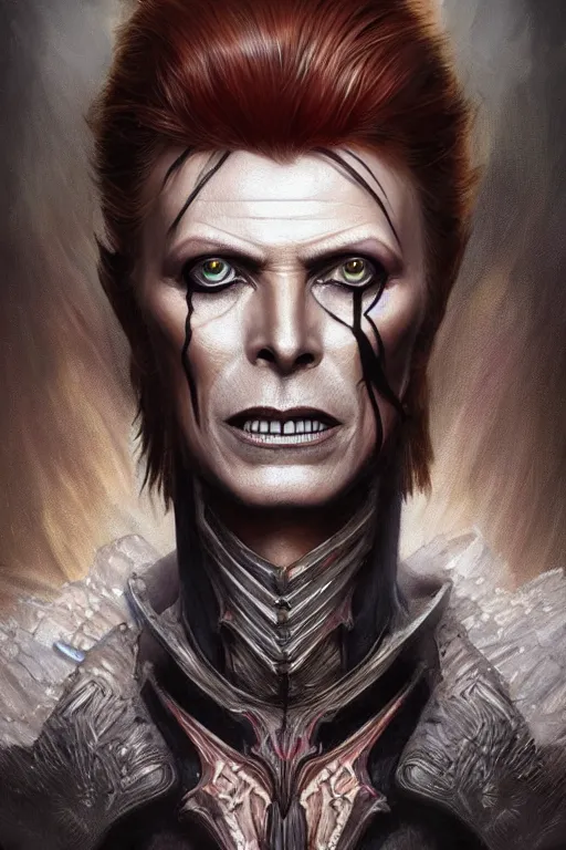 Image similar to ultra realistic illustration, vampire king david bowie from diablo and baldurs gate, intricate, elegant, highly detailed, digital painting, artstation, concept art, smooth, sharp focus, illustration, art by artgerm and greg rutkowski and alphonse mucha