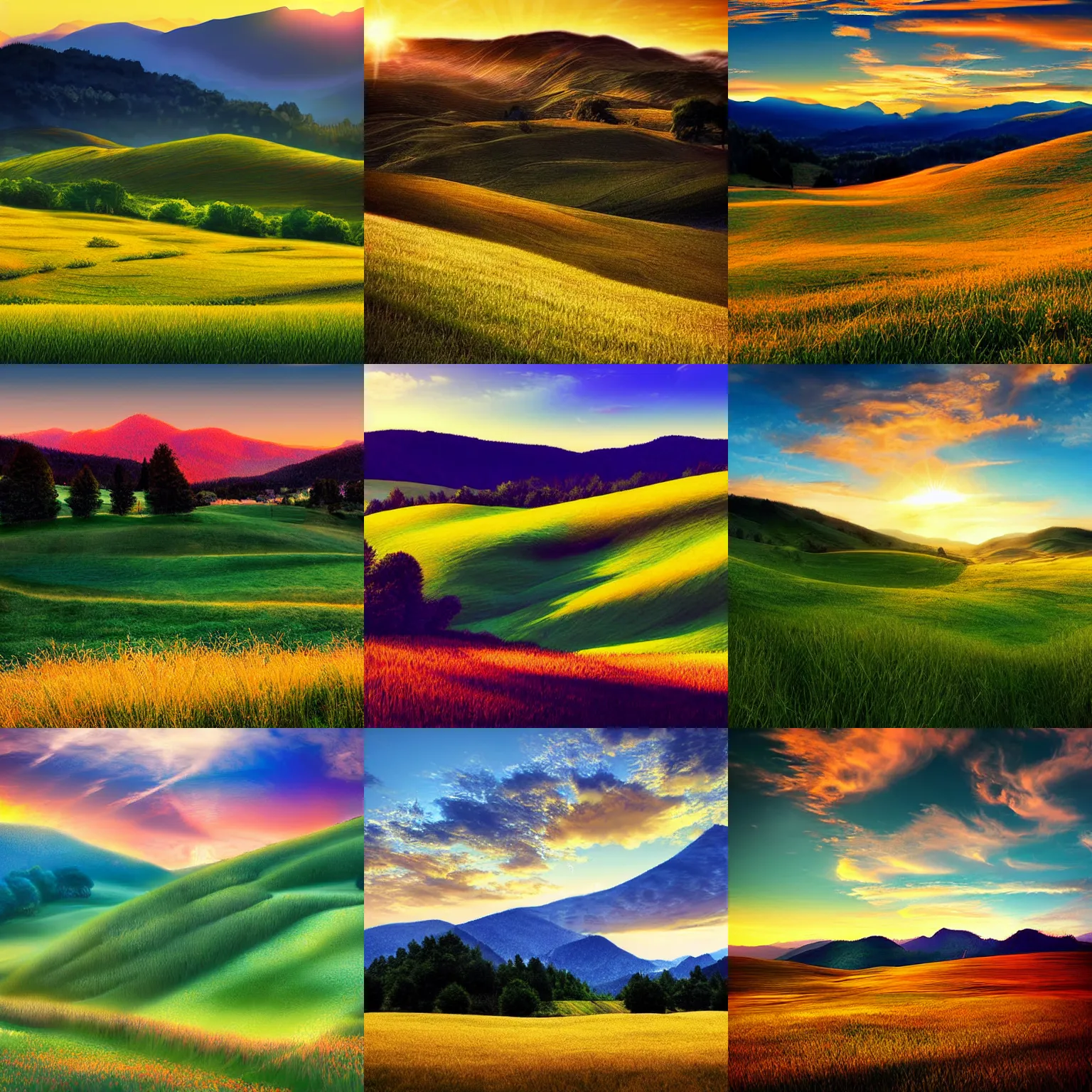 Prompt: beautiful rolling hills, peaceful meadows with mountains in the distance, beautiful, golden hour, award-winning digital art