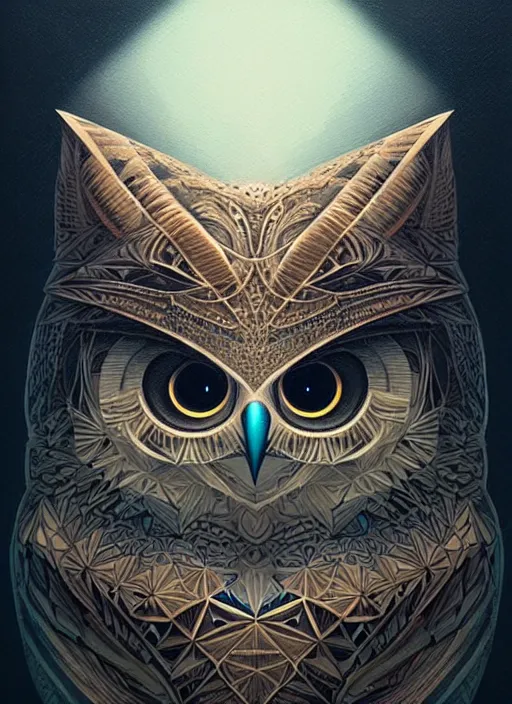 Image similar to portrait of a geometric owl, identical eyes, medium shot, illustration, full body made of white feathers, symmetrical, art stand, super detailed, cinematic lighting, and its detailed and intricate, gorgeous, by peter mohrbacher