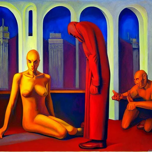 Image similar to cult ritual, human subjugation, mind control, dystopian, pj crook, edward hopper, oil on canvas