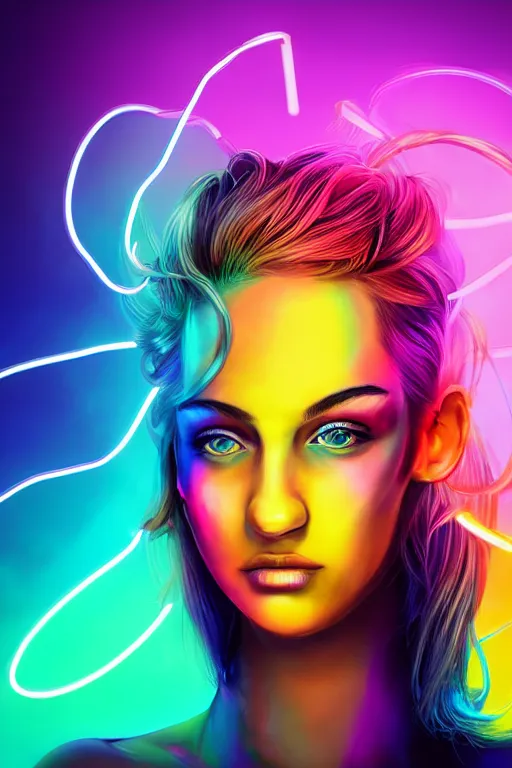 Image similar to a award winning half body portrait of a beautiful woman with stunning eyes in a croptop and cargo pants with rainbow colored ombre hairstyle head in motion and hair flying by thomas danthony, surrounded by whirling illuminated neon lines, outrun, vaporware, shaded flat illustration, digital art, trending on artstation, highly detailed, fine detail, intricate