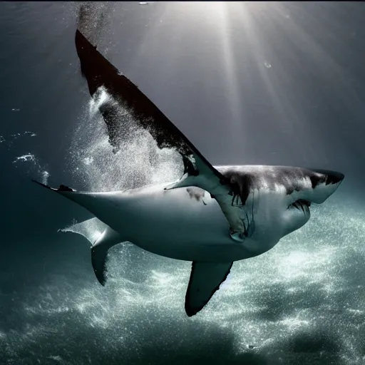 Image similar to A great white shark is swimming towards the viewer out of the dark water, underwater, underwater photography, night, hyperrealism, wildlife photo, trail cam, ultra high detail