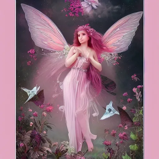 Image similar to a beautiful pink fairy with large wings and flowing hair exploring her lonely flower garden by herself in the style of tom bagshaw, extremely detailed, muted colors