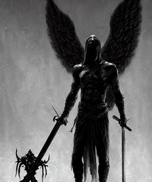 Image similar to dark art, portrait of fallen man angel standing on a stake with a sword and wings, bokeh. dark art masterpiece artstation. 8k, sharp high quality illustration in style of Jose Daniel Cabrera Pena and Leonid Kozienko, concept art by Tooth Wu