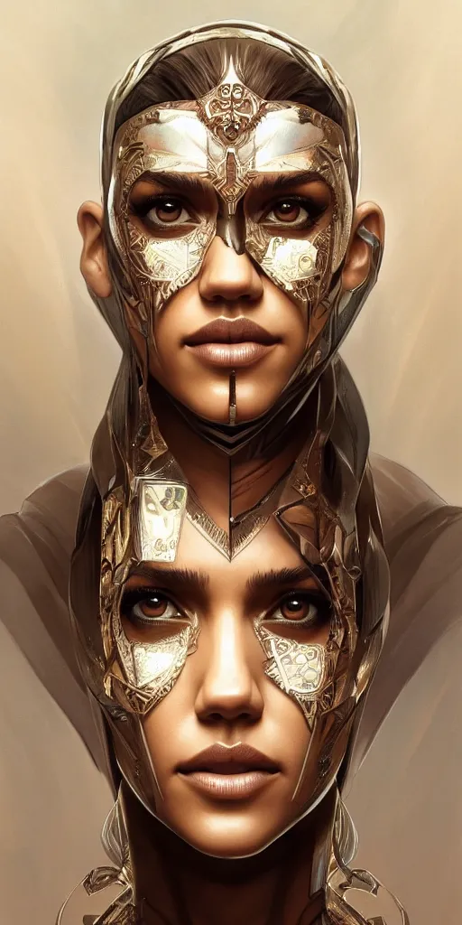 Prompt: symmetry!! portrait of jessica alba in the style of god of war, machine parts embedded into face, intricate, elegant, highly detailed, digital painting, artstation, concept art, smooth, sharp focus, illustration, art by artgerm and greg rutkowski and alphonse mucha, 8 k