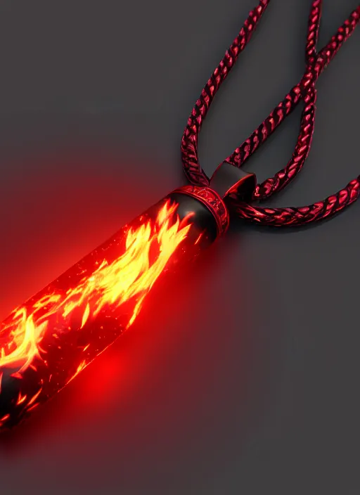 Image similar to rpg item, a black necklace with a bright red crystal pendant in flames, Unreal 5, DAZ, hyperrealistic, rpg style, octane render, dynamic lighting