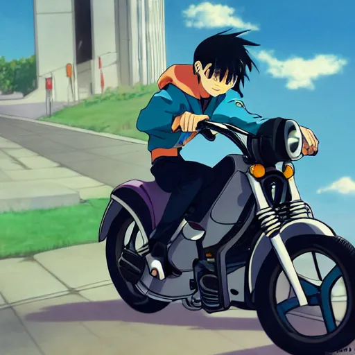 Prompt: close up of a anime guy with dark blue hair and streetwear clothing riding a in a 1990 black honda c90 with armenia quindio in the background , Artwork by Makoto Shinkai, pixiv, 8k, official media, wallpaper, hd