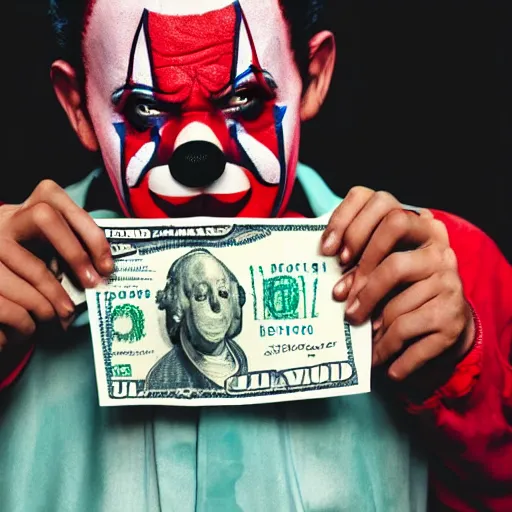 Image similar to A clown holding a dollar banknote, background is a slum, cinematic, epic, highly-detailed, photo realistic