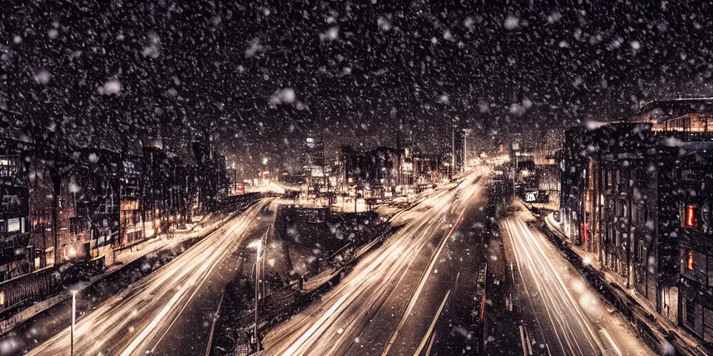 Image similar to a city street at night, snowing, photograph, cyberpunk, sharp focus, intricate detail, Desolate, drone shot, high resolution, 8K