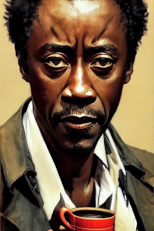 Image similar to attractive don cheadle playing as 2 1 savage drinking coffee, painting by j. c. leyendecker, yoji shinkawa, katayama bokuyo