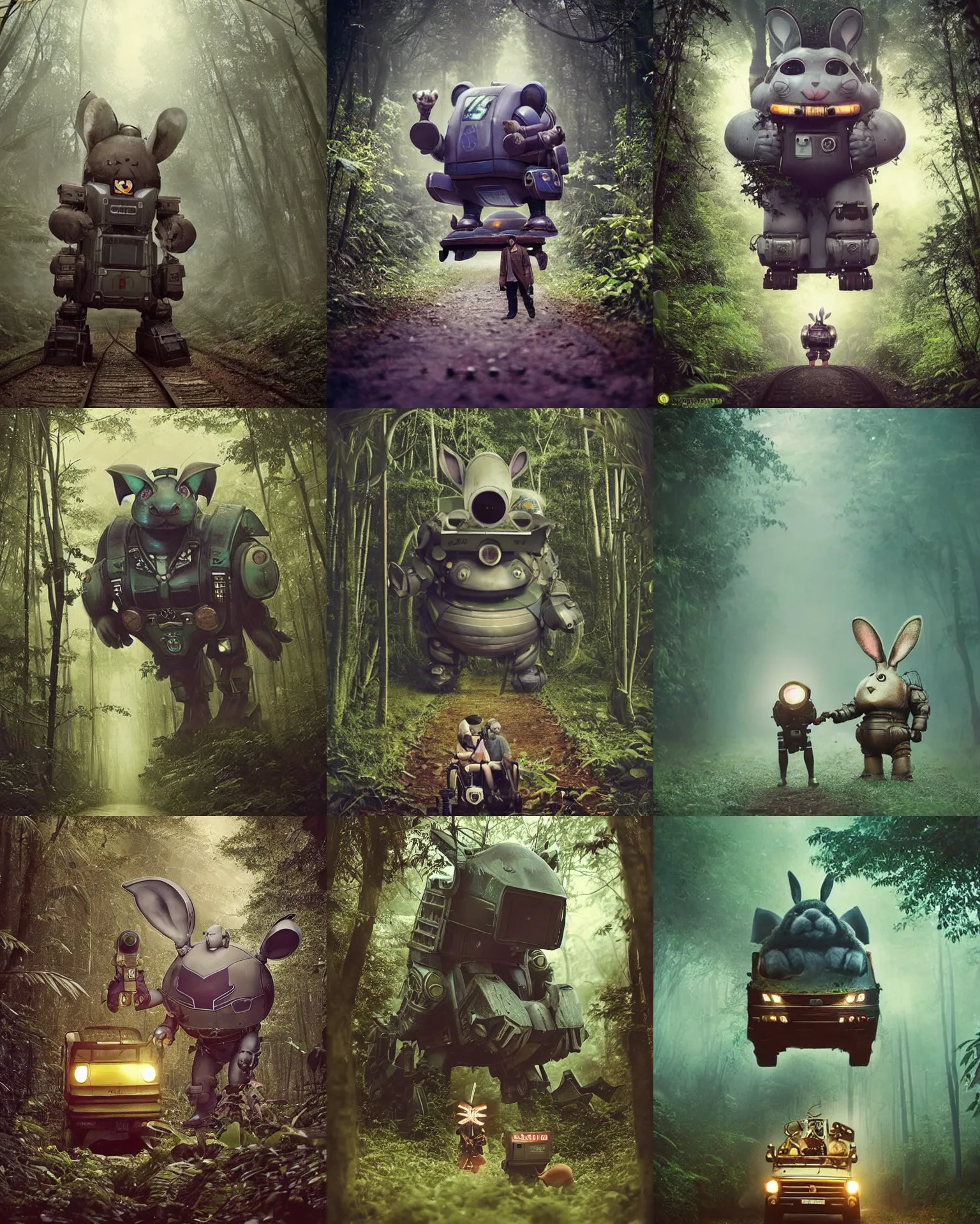 Prompt: epic nighttime chase !!!giant oversized battle rabbit robot chubby fat mech with big ears as double decker train , in jungle forest !!! , full body , nighttime, Cinematic focus, Polaroid photo, vintage , neutral dull colors, foggy ,by oleg oprisco , by victor enrich , by gregory crewdson , by discovery channel