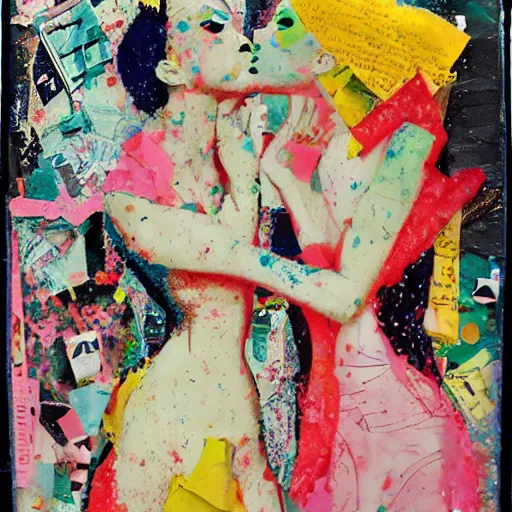 Image similar to two women kissing at a carnival in spring, mixed media collage, retro, paper collage, magazine collage, acrylic paint splatters, bauhaus, claymation, layered paper art, sapphic visual poetry expressing the utmost of desires by jackson pollock