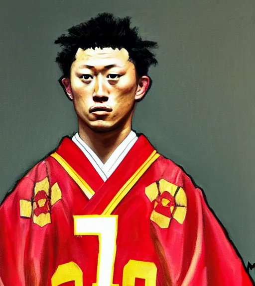 Prompt: official side portrait of a japanese samurai, patrick mahomes!, in a kansas city chiefs kimono!, 1 8 6 8, a character portrait by cassius marcellus coolidge, reddit contest winner, japanese romantacism, romanticism, oil on canvas, detailed painting, creative commons attribution