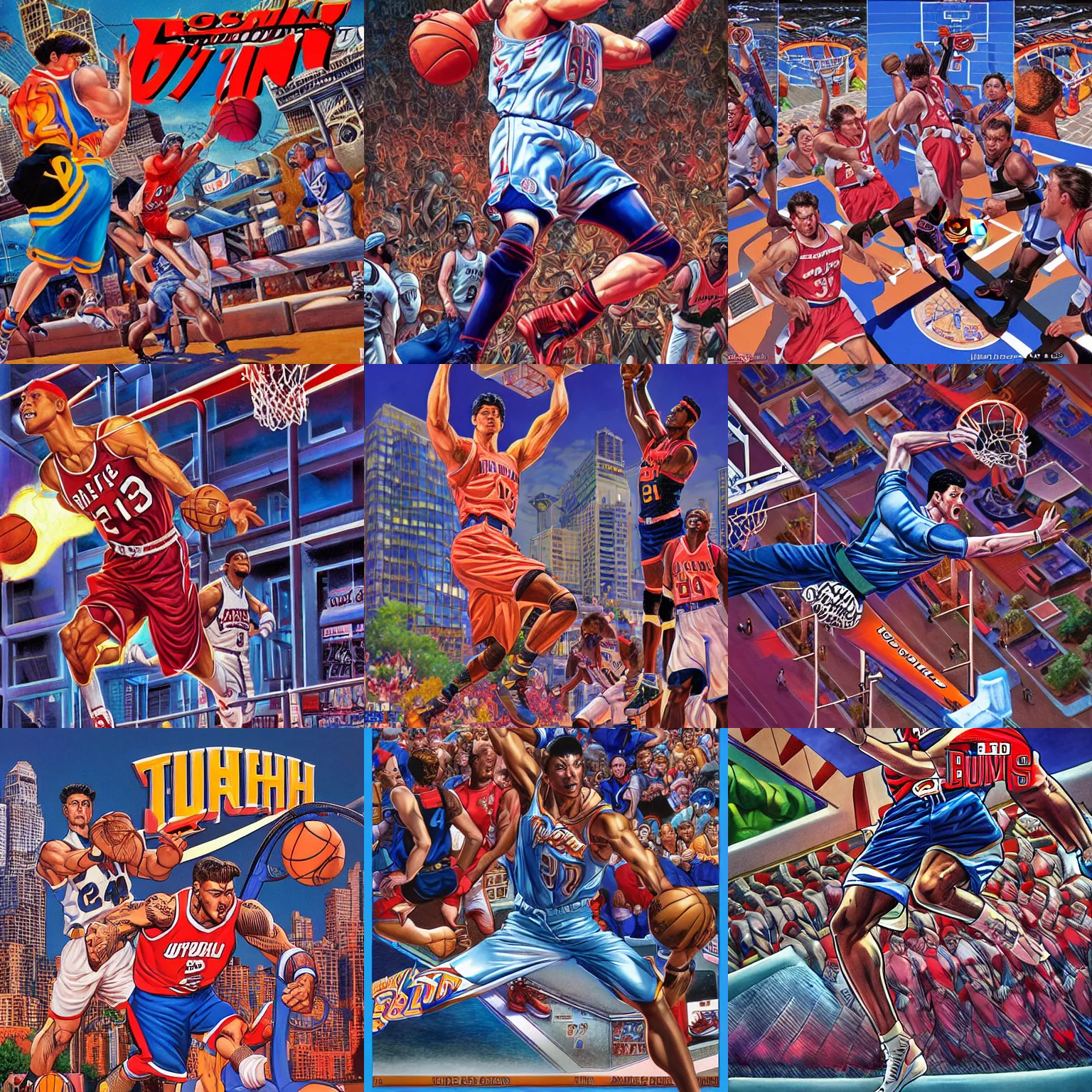 Prompt: Touchdown slam dunk bases loaded by Joe Jusko, rendered in hyperdetailed Ultra HD, trending on ArtStation, luminous