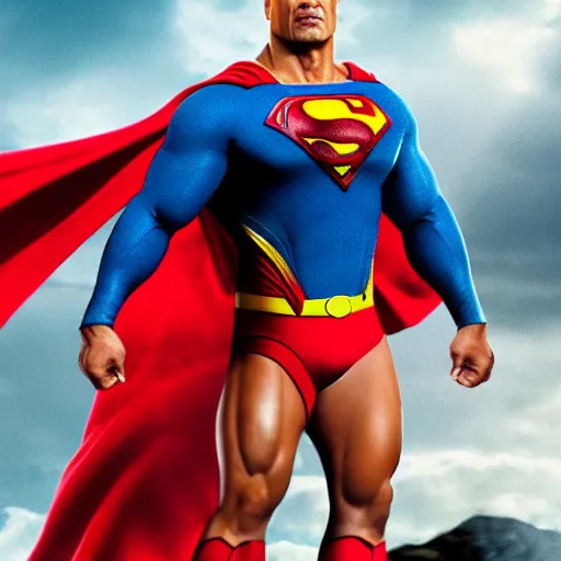 Image similar to dwayne johnson as superman, face visible, full body shot, highly - detailed, sharp focus, award - winning