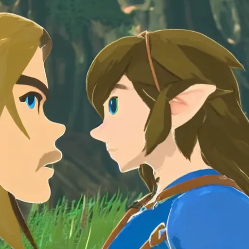 Prompt: link from breath of the wild kissing a balding gray hair Russian man in a grassy plain