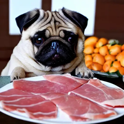 Image similar to fat pug eating a slice of ham