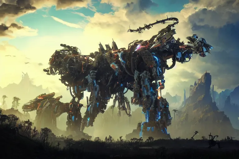 Image similar to sawtooth machine mecha animal beast robot of horizon forbidden west horizon zero dawn bioluminiscence global illumination ray tracing hdr fanart arstation by sung choi and eric pfeiffer and gabriel garza and casper konefal