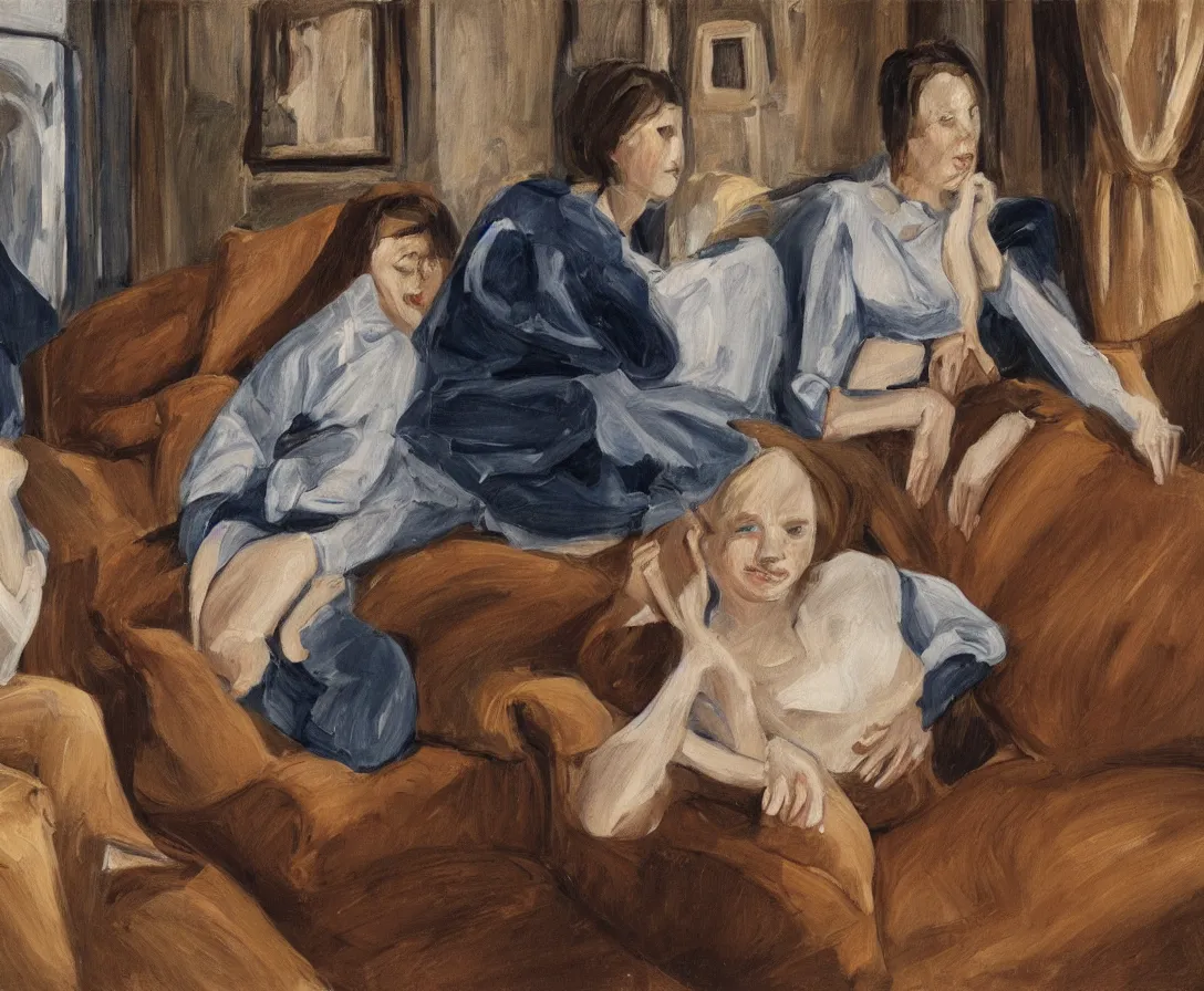 Prompt: two women, in an old english apartment on a brown leather sofa. one is wearing a dark blue sweather, the other a white shirt. brown hair, they are looking into the camera. wide shot. in the style of lucien freud. oil painting.