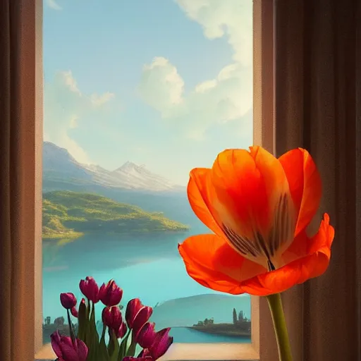 Image similar to orange Tulip with a lake view, intricate, highly detailed, digital painting, artstation, concept art, smooth, sharp focus, illustration, Unreal Engine 5, 8K, art by artgerm and greg rutkowski and alphonse mucha