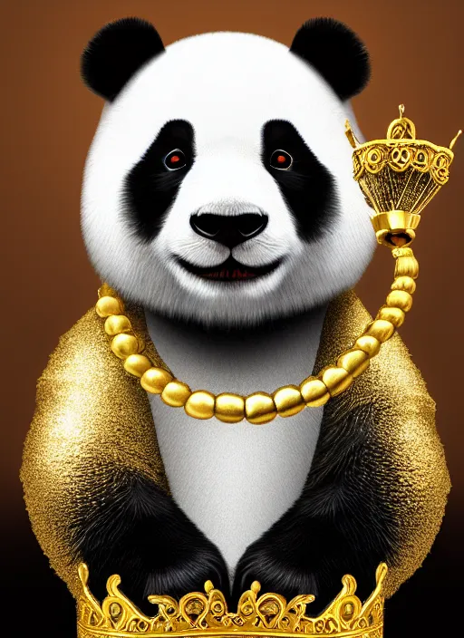 Image similar to photorealistic panda with a gold crown, with a gold necklace, 4k, high fidelity, studio lightning