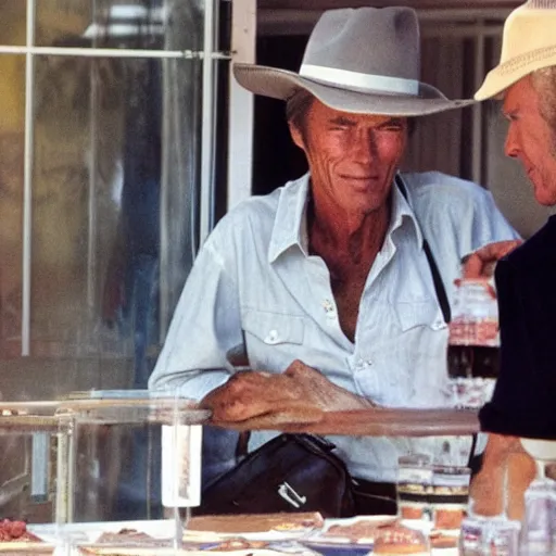Prompt: clint eastwood having an american at the amalia kiosk