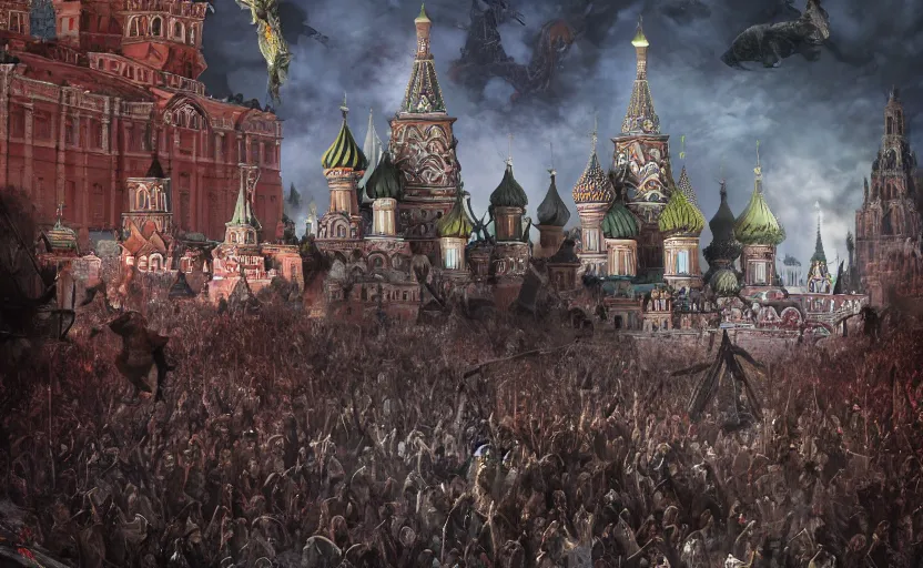 Prompt: zombie Putin on the Red Square, fantasy, intricate, сinematic lighting, insanely detailed, smooth, sharp focus, Artstation, 8k, unreal engine, hyper realistic, steampunk style, bright background, moonlight, volumetric lighting, wallpaper, digital illustration by Ruan Jia and Mandy Jurgens and Artgerm and Wayne Barlowe and Greg Rutkowski and Zdislav Beksinski