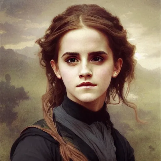 Image similar to Painting of Emma Watson as Hermione Granger. Green eyes. Art by william adolphe bouguereau. At night time. Extremely detailed. Beautiful. 4K. Award winning.