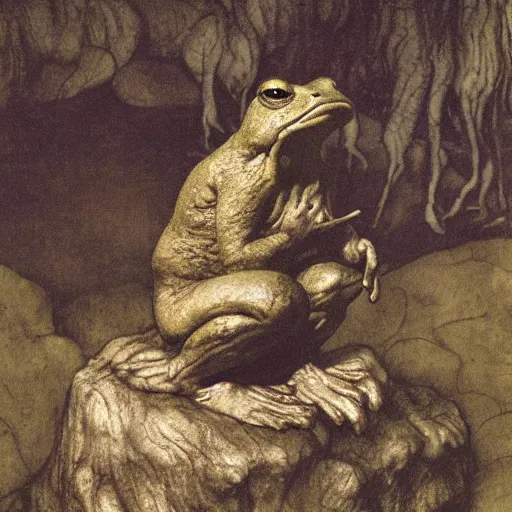 Prompt: toad philosopher toad in a pose The Thinker, swamp, toad by Auguste Rodin, illustrations by irish fairy tales james stephens arthur rackham, fairy tale illustrations, top cinematic lighting , very detailed, shot in canon, 8k, high resolution