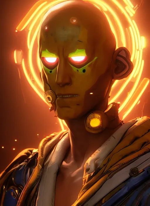 Image similar to glowwave portrait of saitama from borderlands 3, au naturel, hyper detailed, digital art, trending in artstation, cinematic lighting, studio quality, smooth render, unreal engine 5 rendered, octane rendered, art style by klimt and nixeu and ian sprigger and wlop and krenz cushart.