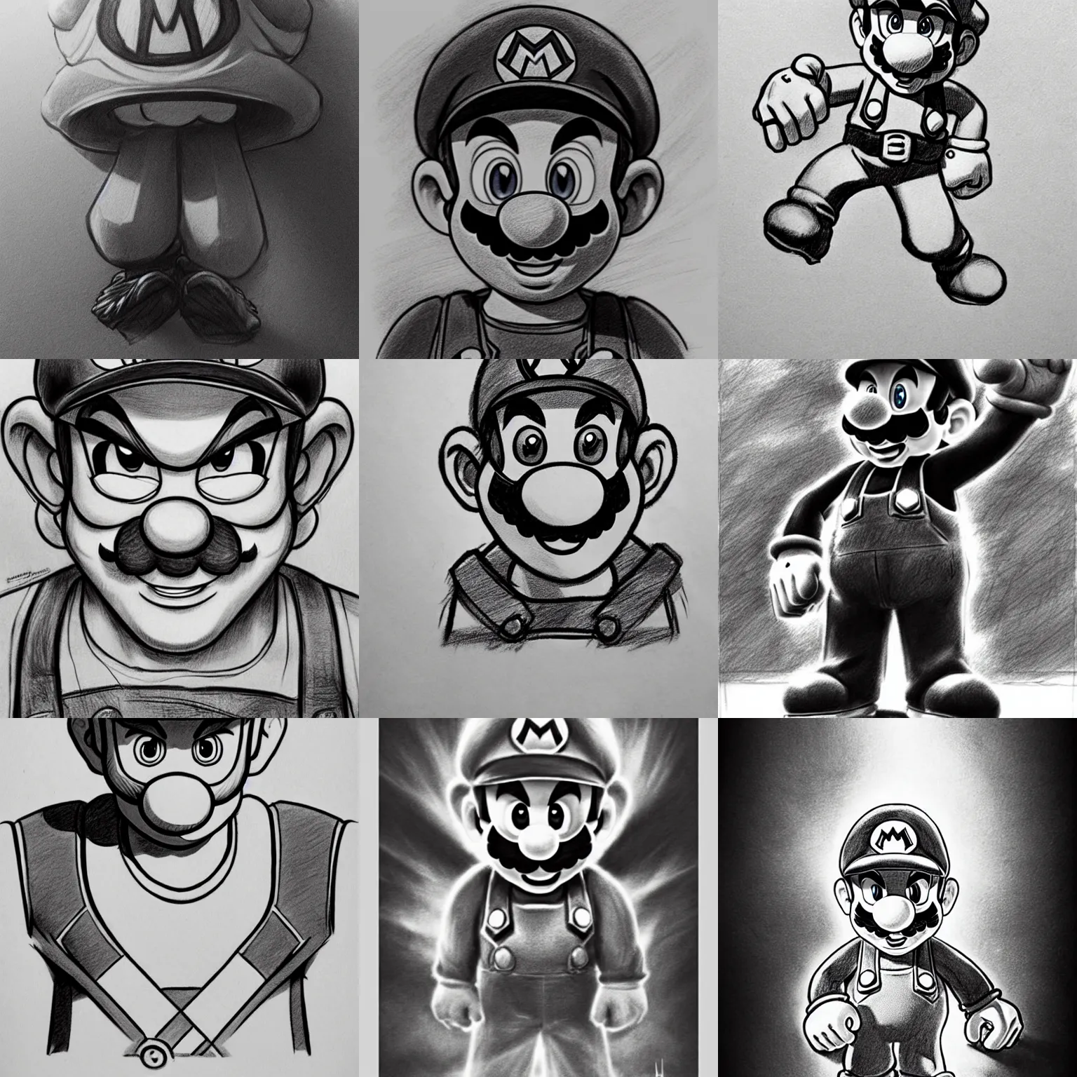 Image similar to epic pencil sketch of super mario, imposing focused gaze, striking manga artstyle, powerful shadows, concept art