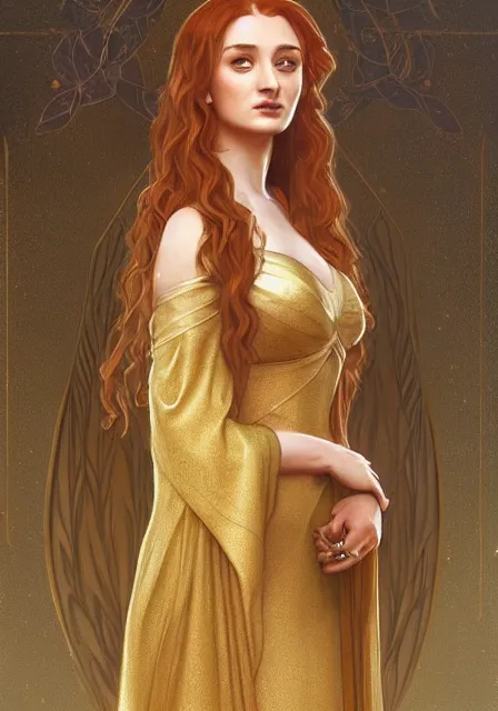 Prompt: sansa stark in gold dress with long hair, intricate, elegant, highly detailed, digital painting, artstation, concept art, smooth, sharp focus, illustration, art by artgerm and greg rutkowski and alphonse mucha and william - adolphe bouguereau