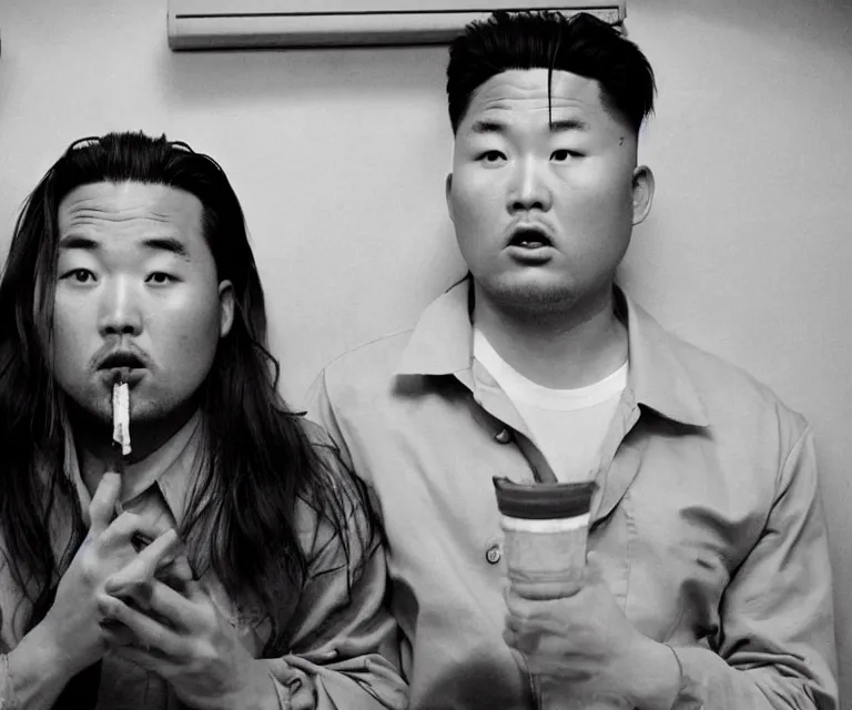 Image similar to hyperralism pineapple express movie still photography of real detailed north korean kim chen with detailed face smoking detailed weed and reviewing wead bush in detailed basement bedroom ultra violet light